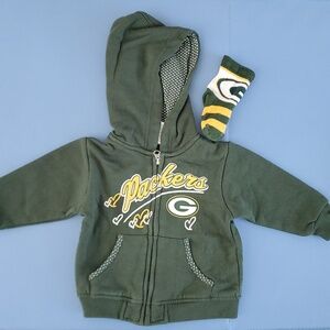 Green Bay Packers zip-up sweatshirt and socks, size 18 months